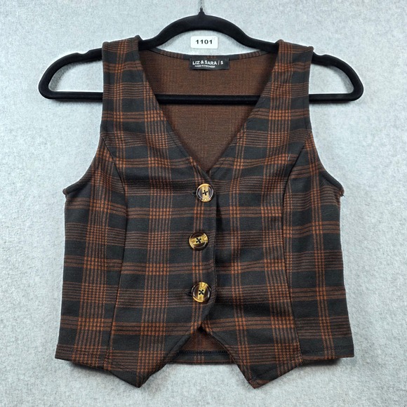Liz & Sara Jackets & Blazers - Liz & Sara Womens Brown Black Plaid Button Up Cropped Vest Waistcoat Size S